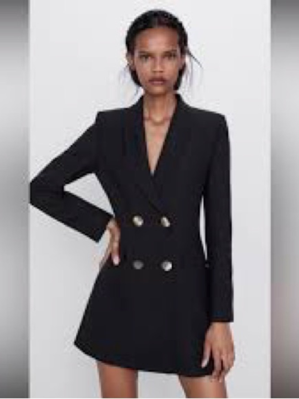 ZARA Double Breasted Black Longline Blazer Dress S Classic Timeless Gold Buttons